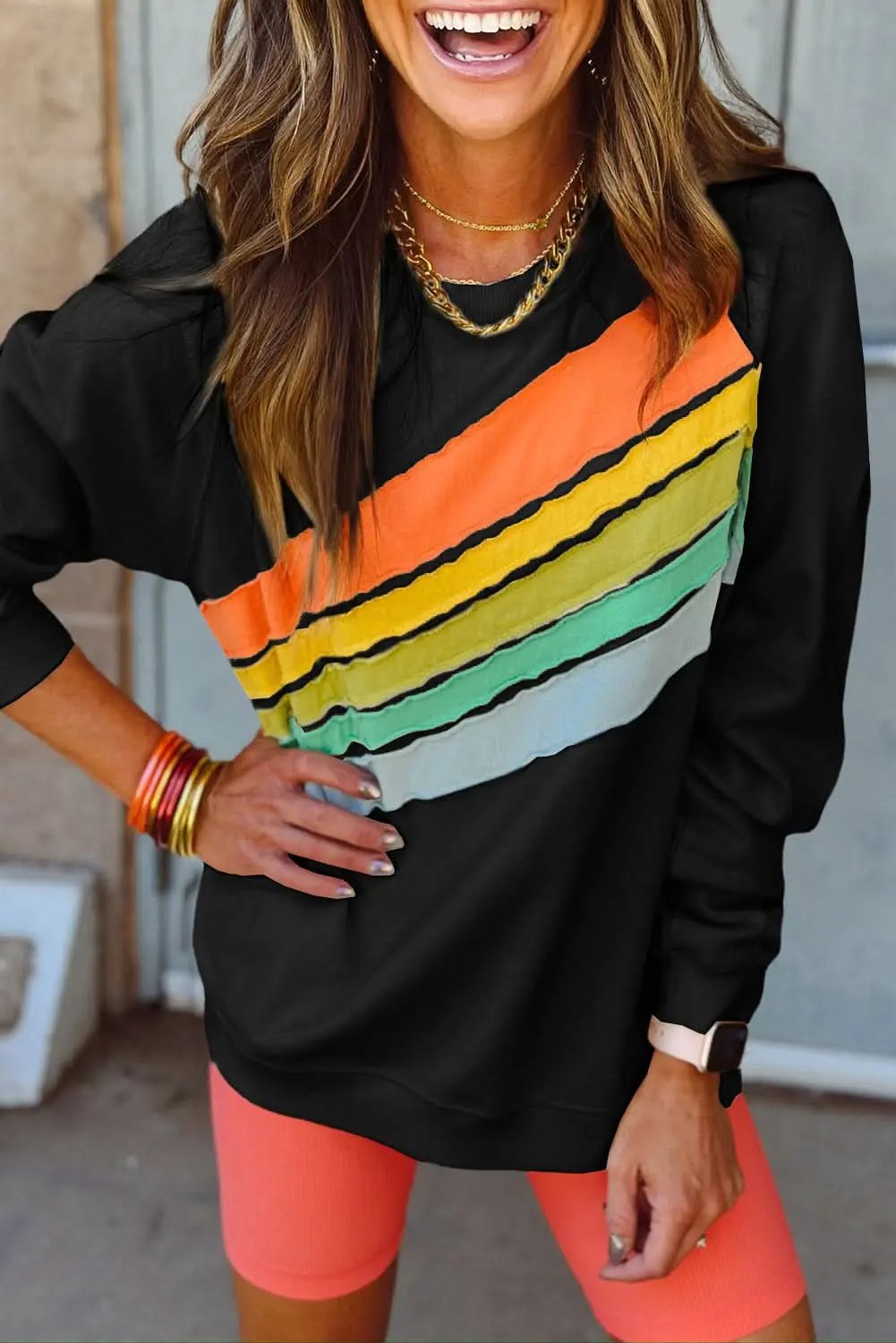 Black Rainbow Colorblock Striped Pullover Sweatshirt - Love Salve